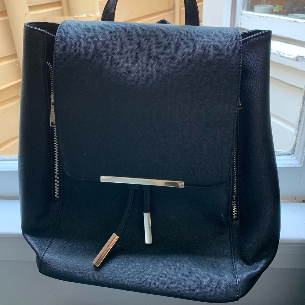 Black faux leather backpack